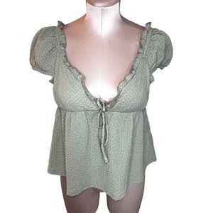 Sugarkiss Sage Green Textured‎ Peplum Peasant Top Medium Tie Front Babydoll